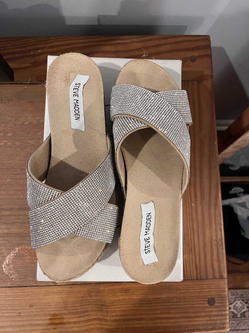 Steve Madden Arran Silver Rhinestone Crisscross Slide Sandals